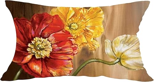 Cariwotan Funda de almohada lumbar decorativa de verano con diseño de flores de amapola amarillas, naranjas, acuarela, color marrón, silla, sofá,