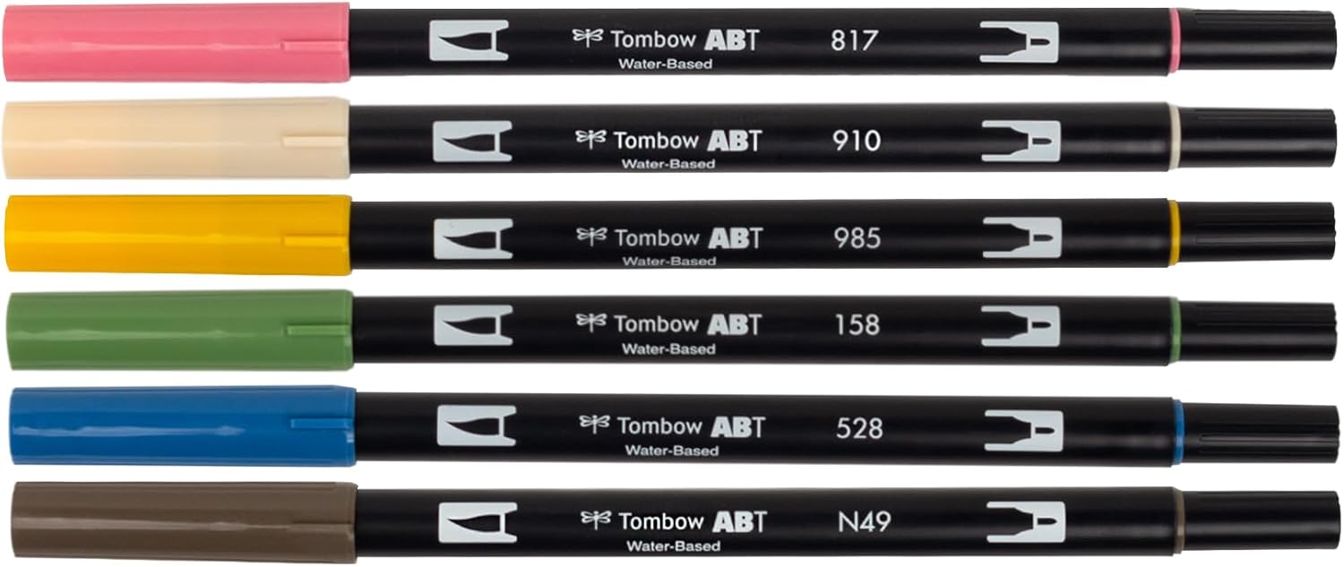 Tombow 72560 Dual Brush Pen Art Markers, Manga Illustration, Flower 6-Pack