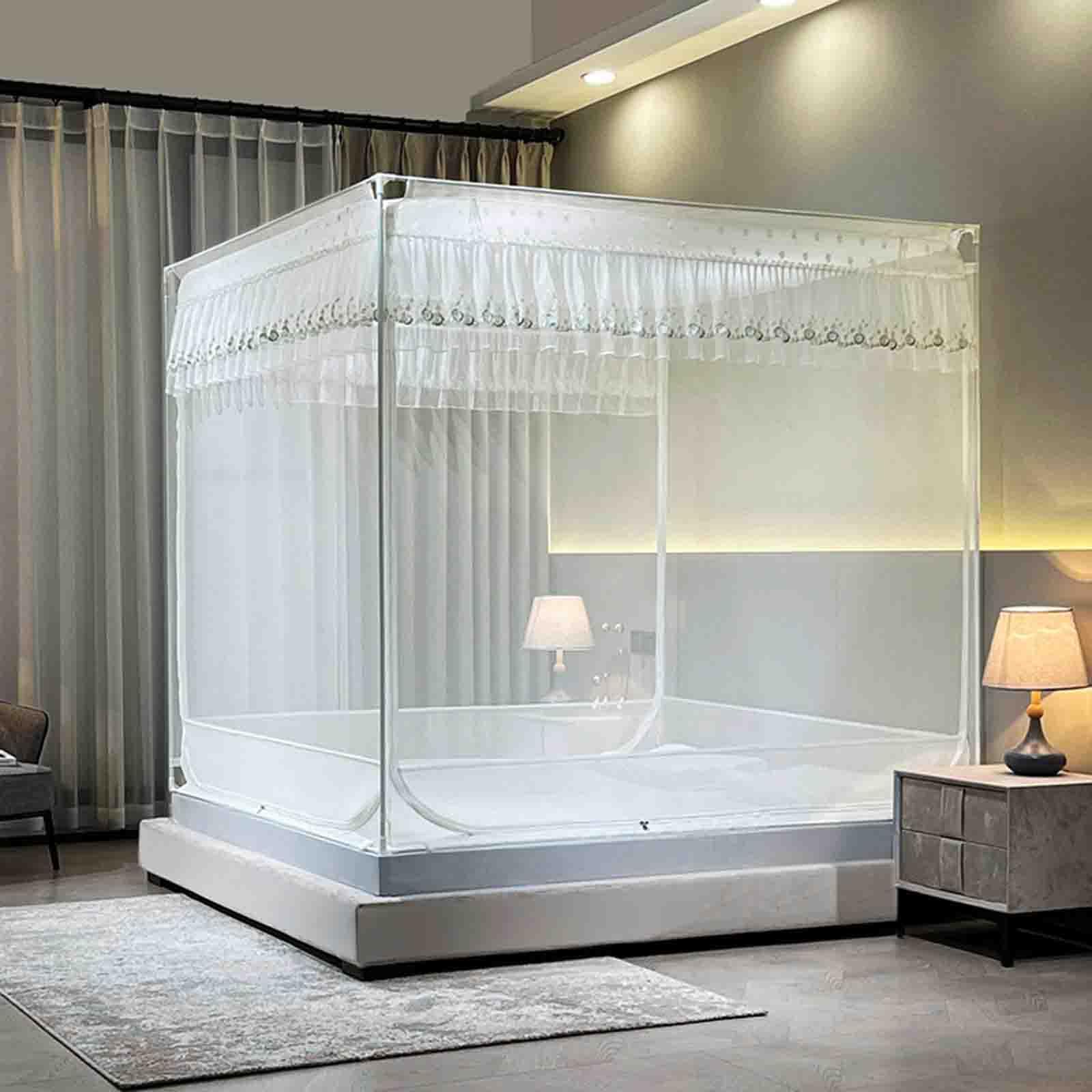 JUSHZ Moustiquaire De Lit Mousticaire Moustiquaires Lit Double De Lit Simple avec Cadre 2 Places 1 Place Carré été avec Fond Fermeture éclair (200x220cm,White)