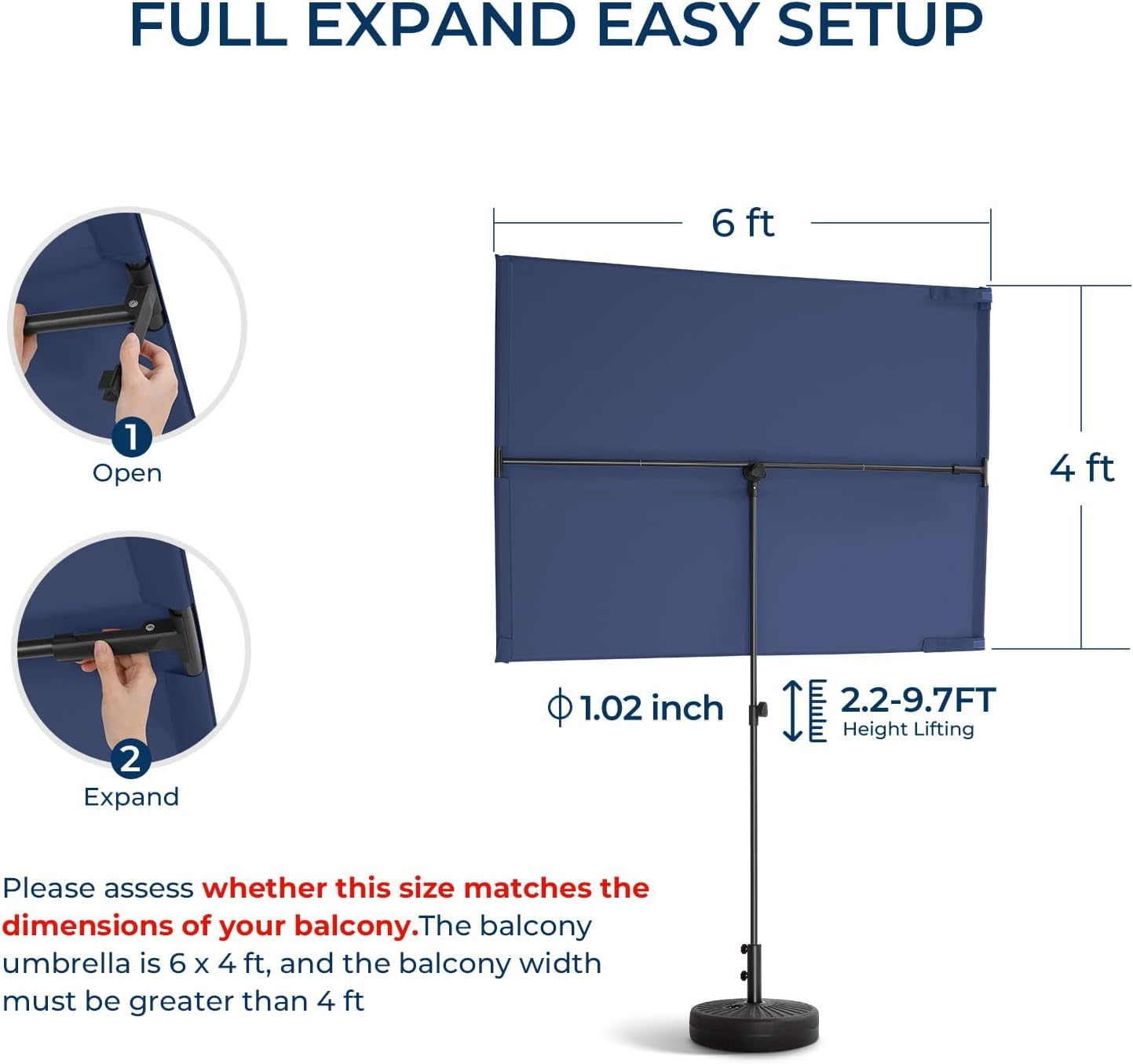 HOMSHADE 6x4ft Outdoor Balcony Umbrella - Flat Porch Pool Patio Umbrella Rectangular Canopy Shade UPF50+ UV Protection 360° Rotating & Tilting All Angles Applicable (Navy Blue, No Base)
