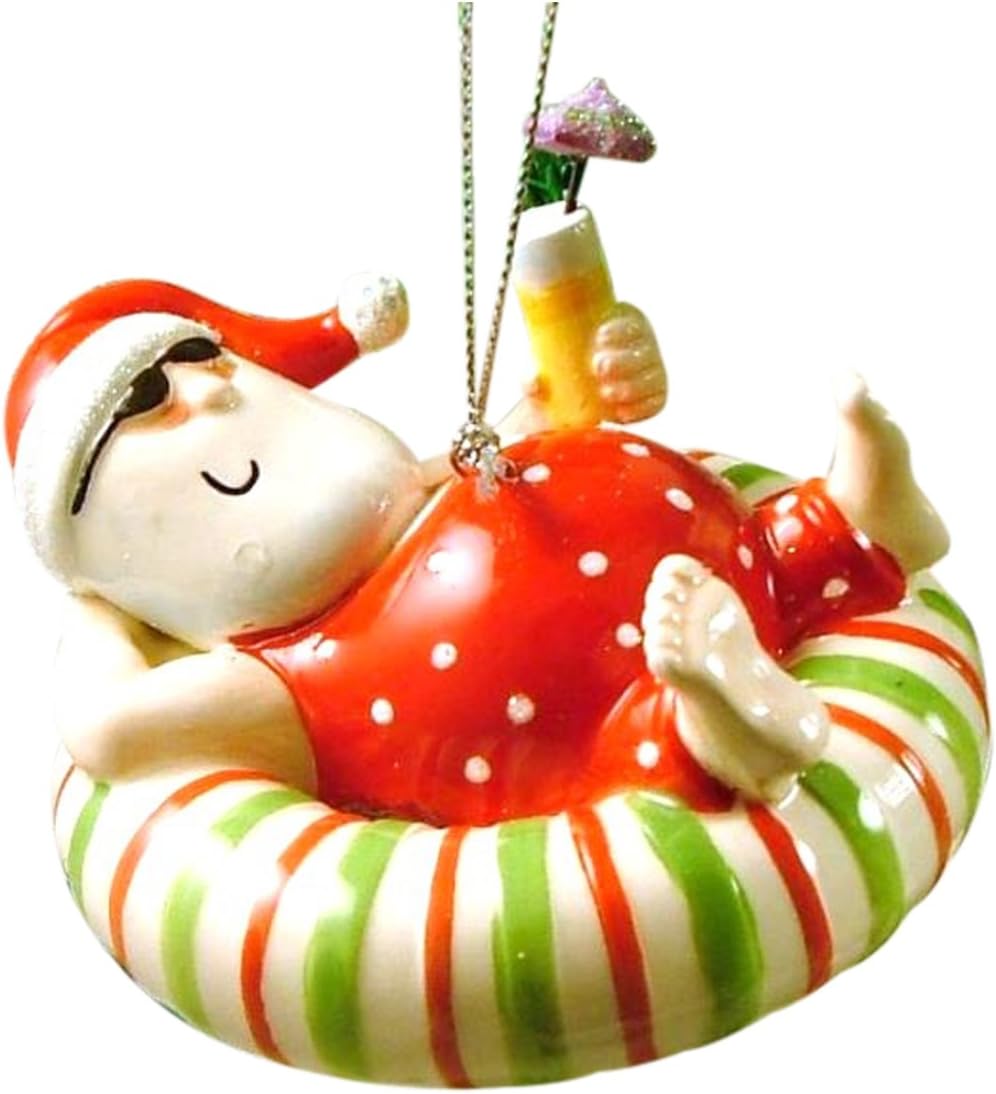 Santa Relaxing on an Inner Tube Float with a Tropical Drink Ornament