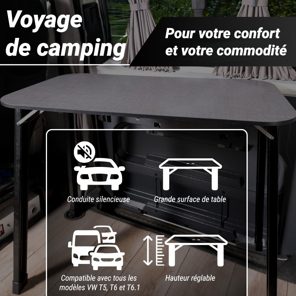 Panneau de porte coulissante avec table de camping intégrée pour VW T5, T6, T6.1, solution d'aménagement intérieur gain de place, table robuste et résistante aux intempéries, installation sans perçage