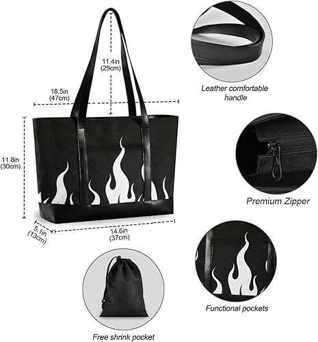 Miniatura 4 de Black Fluorescent Cool Flame White Waterproof tote bag with laptop with zipper work tote bags for yoga with maletin ejecutivo para mujer