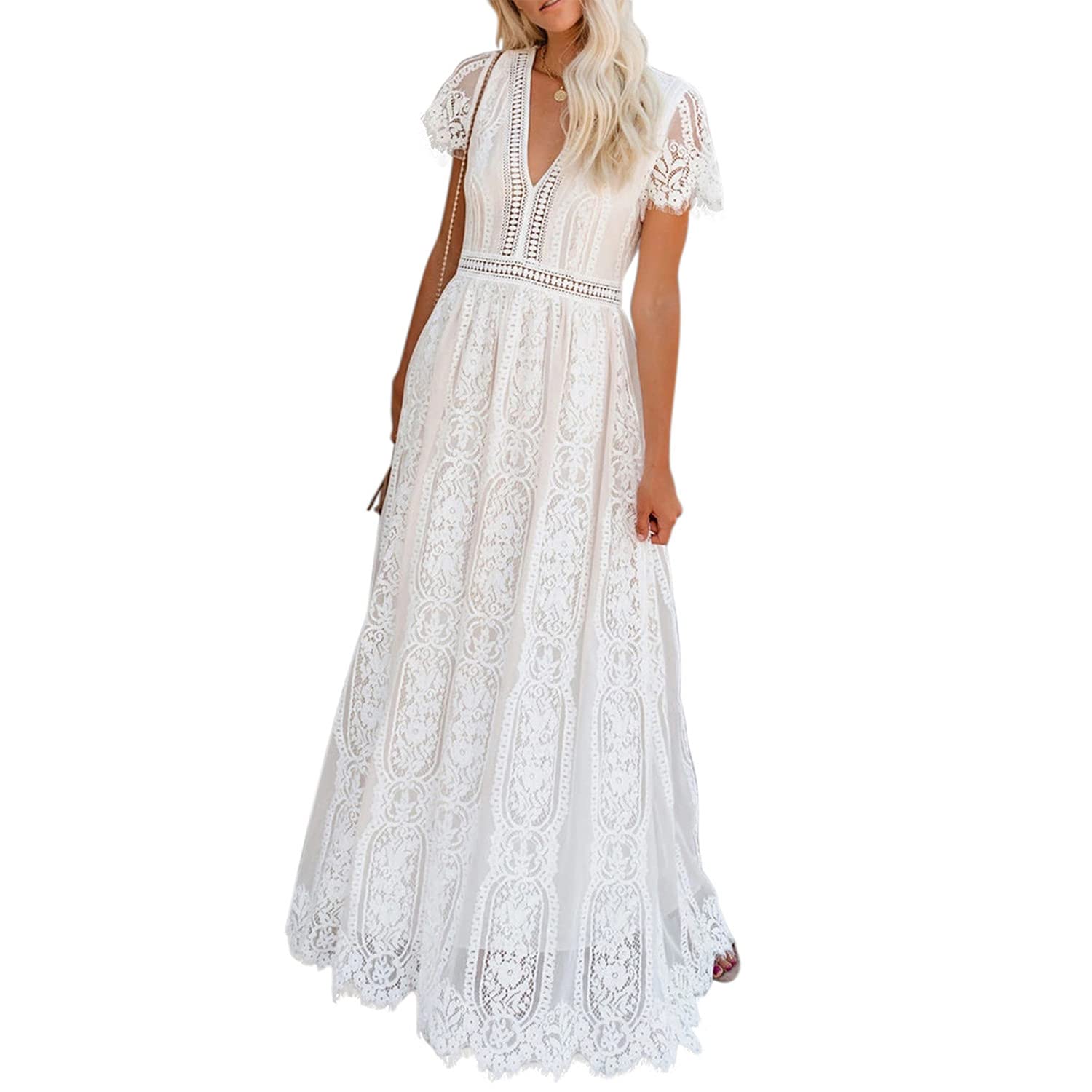Jywmsc Vestido Largo y Vaporoso con Encaje Blanca Floral para Mujer, Informal, Elegante y Bohemio, para Verano