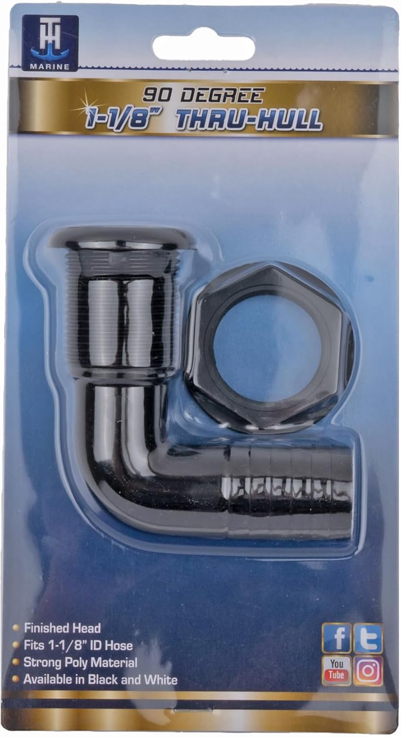 T-H Marine 90 Degree Thru-Hull Fitting | 1-1/8 Inch Plastic Marine Fitting for Reliable Hose Connection - UV Stabilized White Fitting, Ideal for Boat Plumbing Upgrades