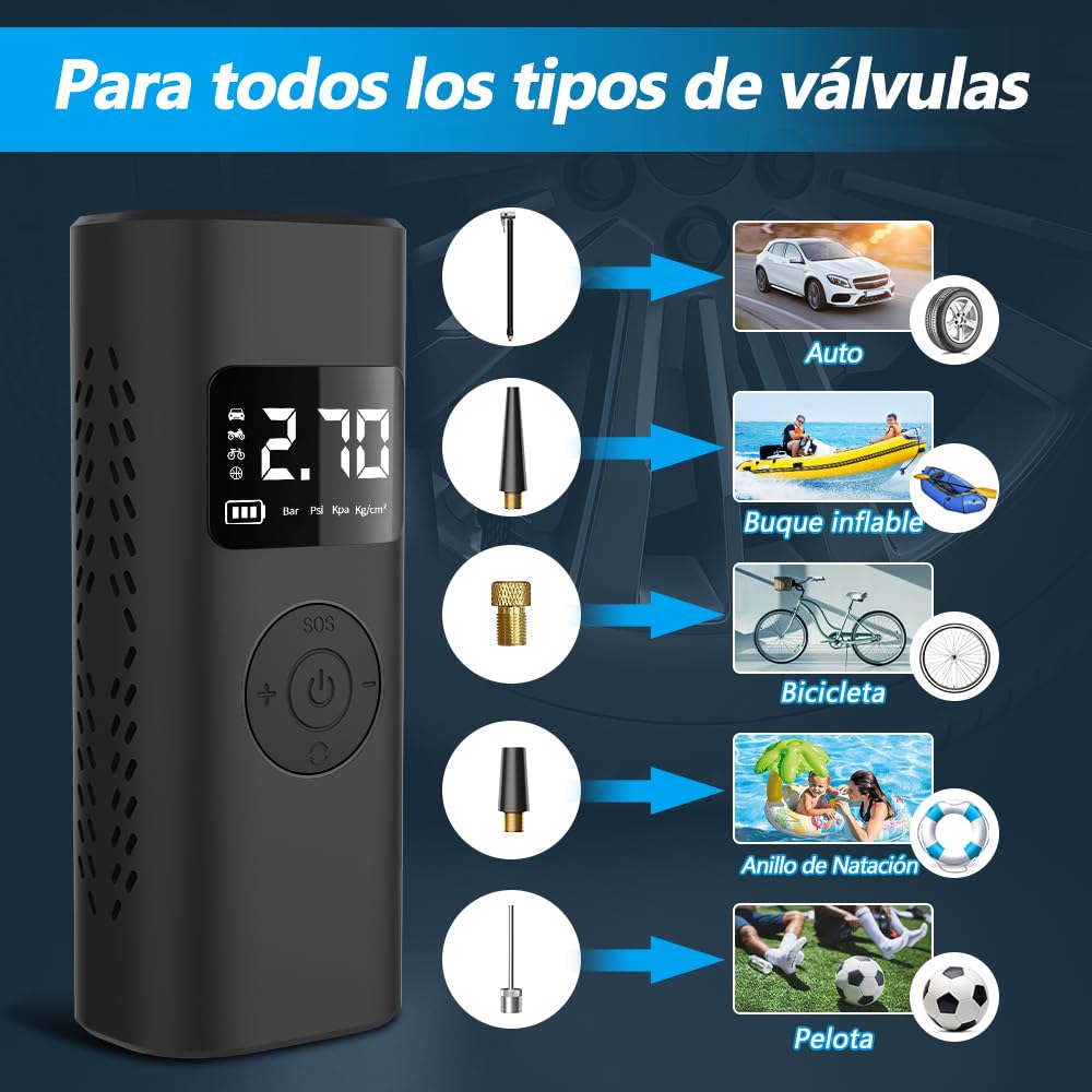 AWESAFE 7800mAh Compresor Aire Portatil 150PSI &Power Bank, Inflador Ruedas Coche con Pantalla LCD Digital y Linterna LED SOS, Bomba de Aire Bicicletas, Scooters, Moto, Coche, Pelotas