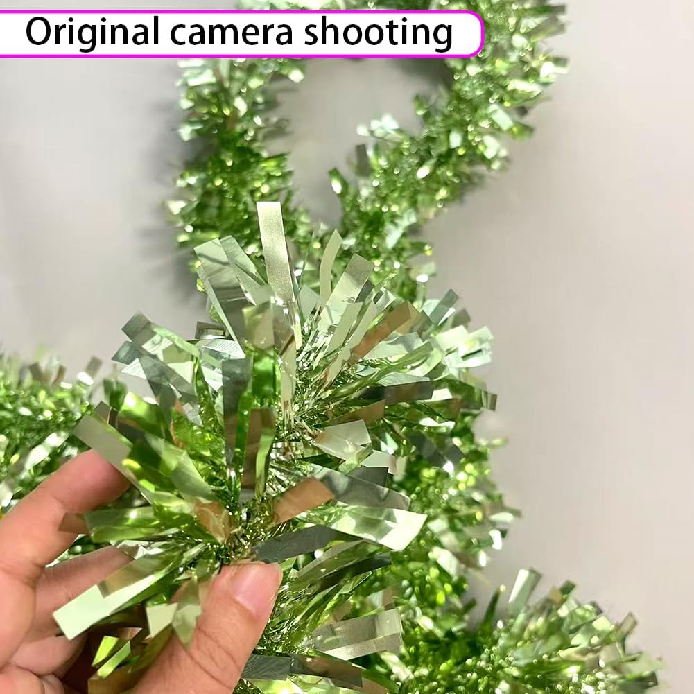 33Ft Christmas Tinsel Garland Shiny Thick Green Tinsel Decor Xmas Tree Decorations Metallic Twist Foil Garland for Christmas St Patricks Day Birthday Party Indoor Outdoor Supplies - Pale Green - Image 3