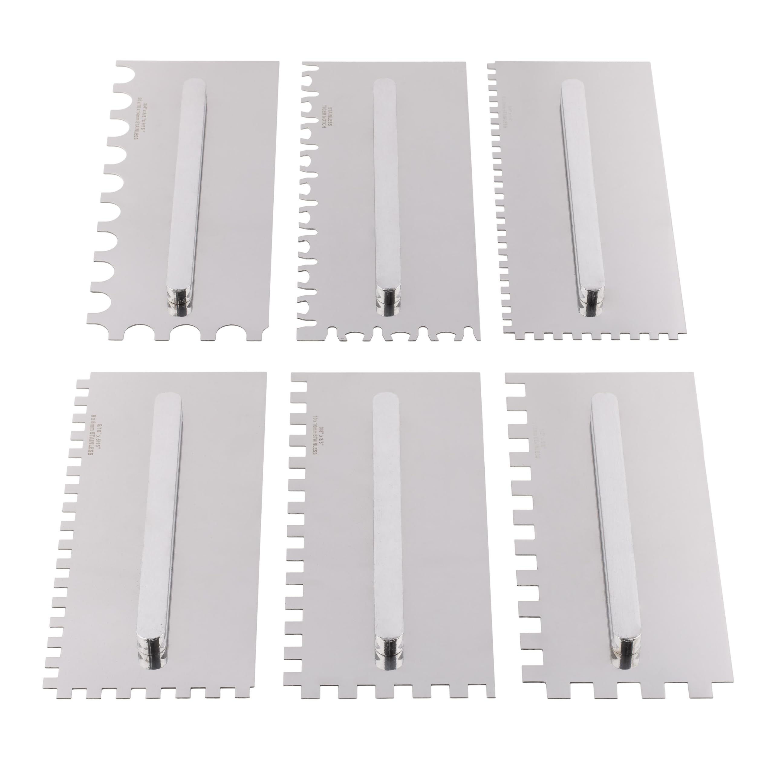 MIVOS Set di Frattazzi con manico staccabile e scatola per il trasporto - 6, 8, 10, 12 mm, Tipo U, tipo Tiger - 6 Frattazzi dentati - Frattazzi in acciaio inox con impugnatura morbida - Cazzuola