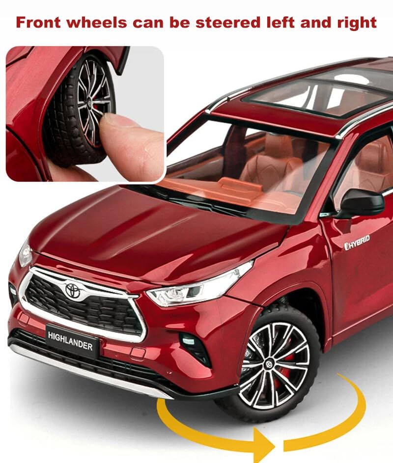 Image of 1:24 Toyota Highlander SUV Model Car - Alloy Diecast Pull Back Toy with Sound, Light & Openable Doors - Gift for Kids Boys Girls (RED)