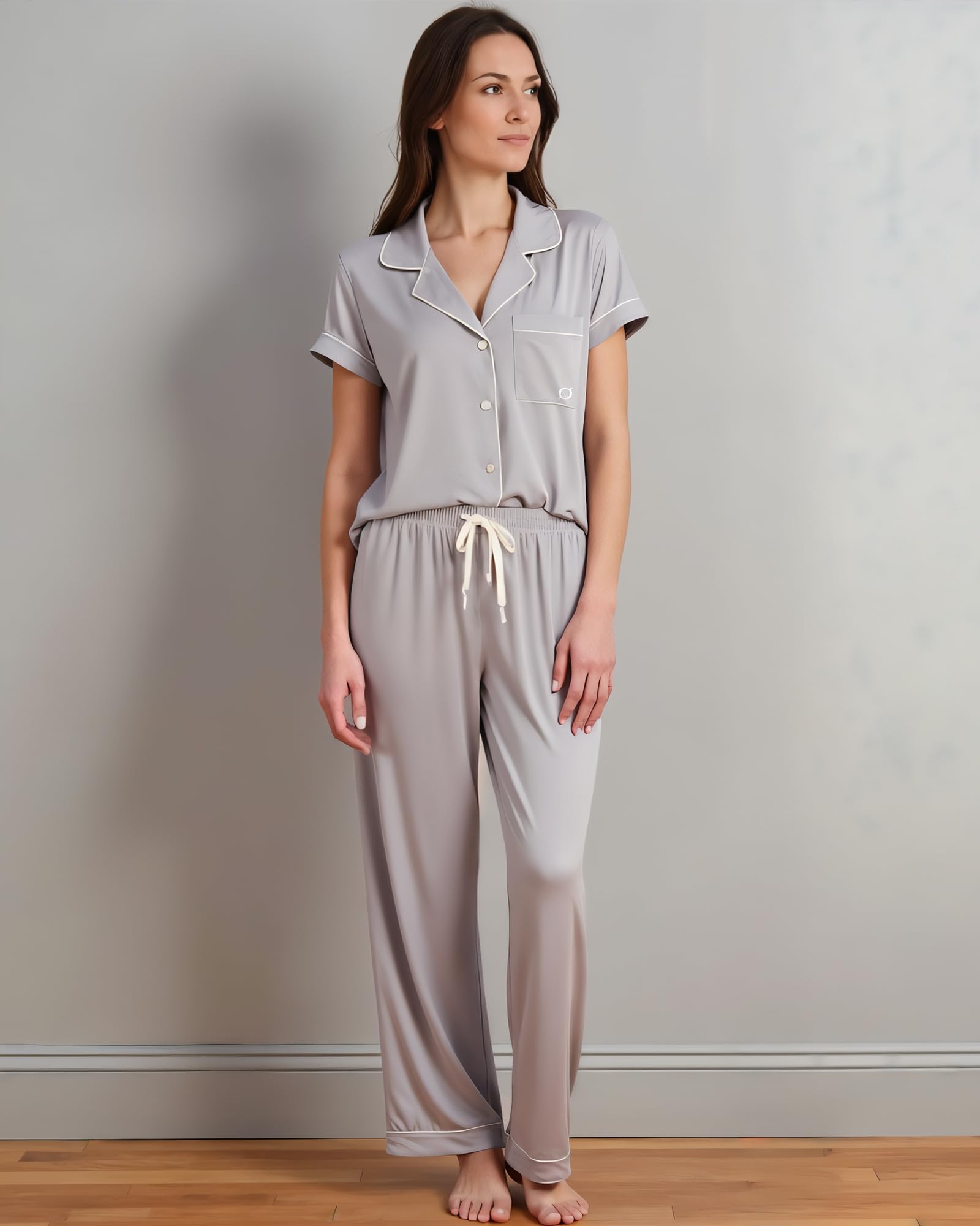 BORN Womens Button Down Pajama Set, Short Sleeve PJ Set with Pants | Soft & Breathable (Rock Grey, Medium)