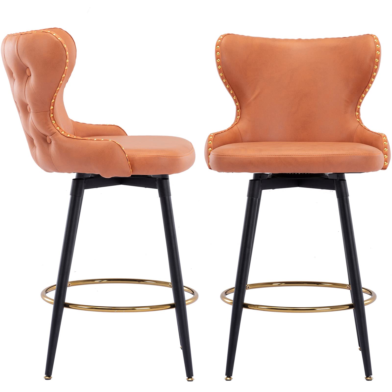 Photo 1 of 25" Counter Height Bar Stools Set of 2, 180° Self-Righting Modern Swivel Bar Stools Bar Chairs Set of 2, With Golden Nailhead Trim And Metal Base, for Kitchen Island Restaurant Pub (Orange, 25 inch) 25 inch 25 Orange
