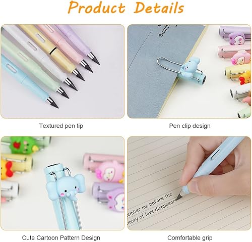 Miniatura 3 de 6 juegos de lápices infinitos reutilizables, sin tinta, sin afilar, con 6 puntas reemplazables adicionales y 6 lindos vasos para lápices, lápiz