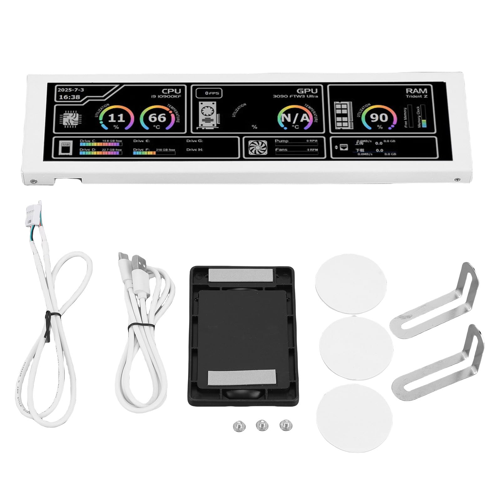 Panel Wyświetlacza Temperatury Komputera 8,8 Cala, Ekran LCD FHD, rozdzielczość 1920 X 480, Szeroki Kąt Widzenia 178 Stopni, z 9-pinowym Kablem Typu C Typu Plug and Play, dla (WHITE)