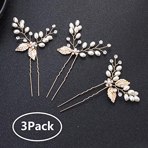 Miallo KC Golden Wedding Hair Pins Leaf Rhinestones handmade HairPieces(Pack of 3)