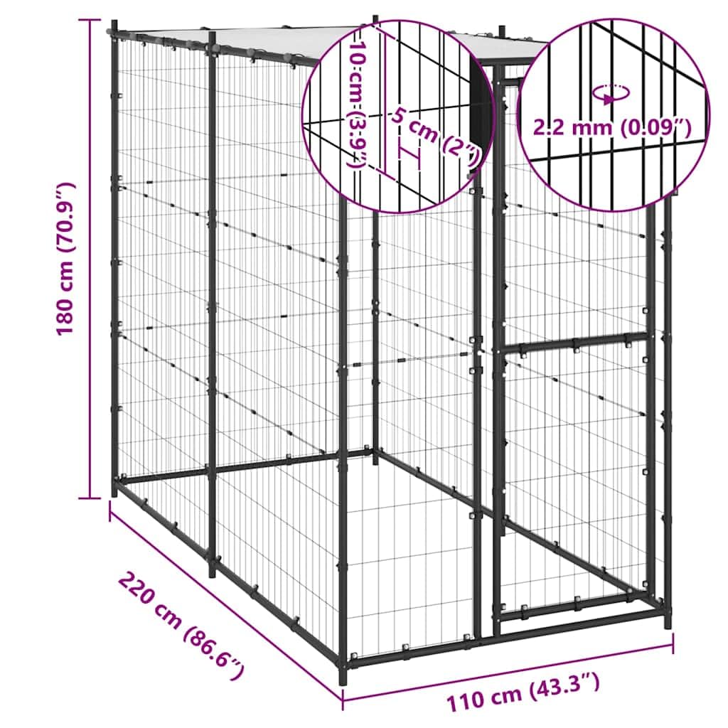 Cuccia in acciaio per esterni con tetto, 110 x 220 x 180 cm | Ampio spazio per giocare, rete ventilata, porta con chiavistello, tettuccio in PE impermeabile