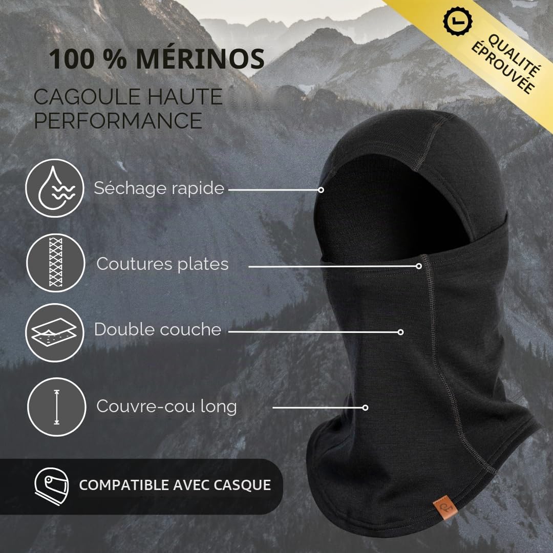 menique Cagoule 100 % mérinos pour homme - Double couche - Sans coutures - Masque de ski chaud et masque de moto - En laine - Accessoire de ski thermique pour le sport et l'extérieur - Protection UV