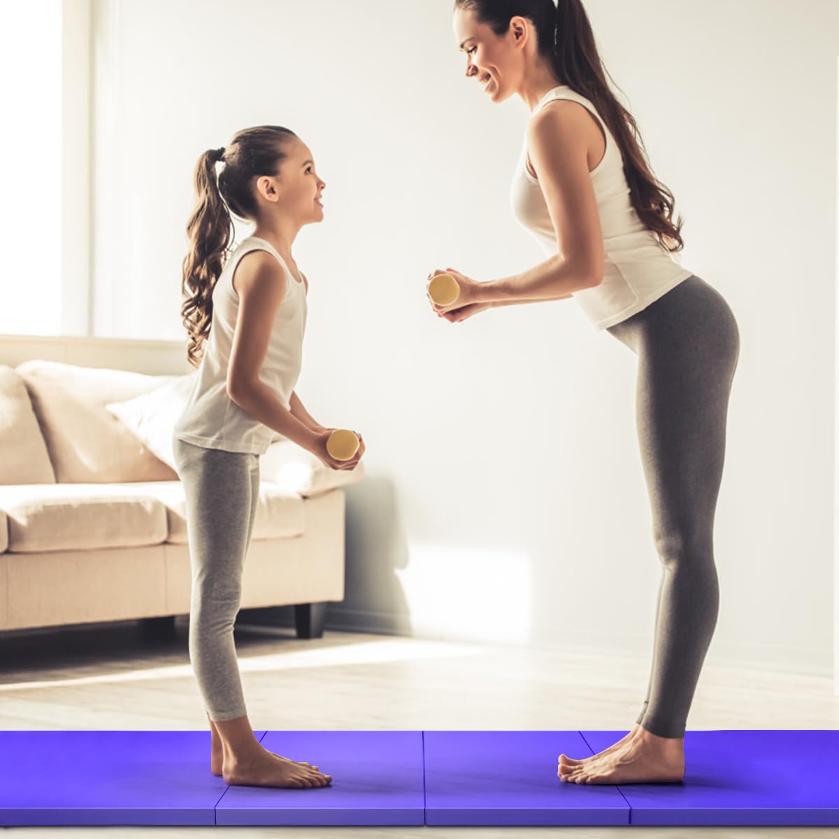 COSTWAY Colchoneta Gimnasia 300 x 116 x 5 cm, Colchoneta de Ejercicio Plegable de Gancho y Asa, Cuero Artificial, Yoga Pilate Fitness Artes Marciales, Morado Profundo