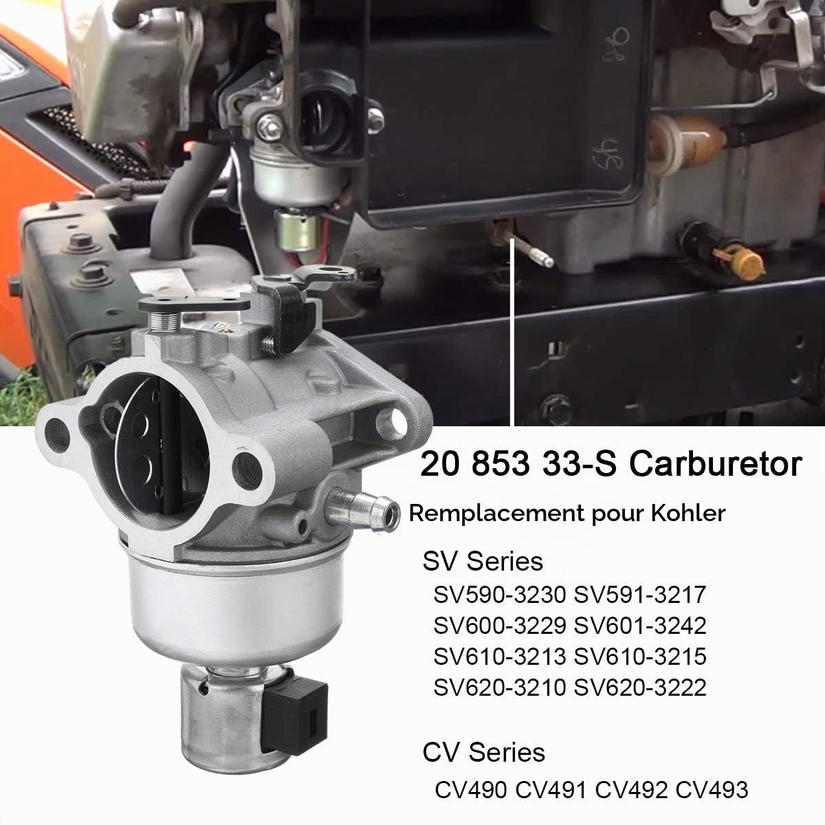 ZAMDOE Kit de reconstruction de carburateur 20853 33-S pour moteurs Kohler Courage SV470 SV480 SV530 SV540 SV590 SV591 SV600 SV601 SV610 SV620 SV530S SV540S CV490 CV492 CV493 117-S moteurs