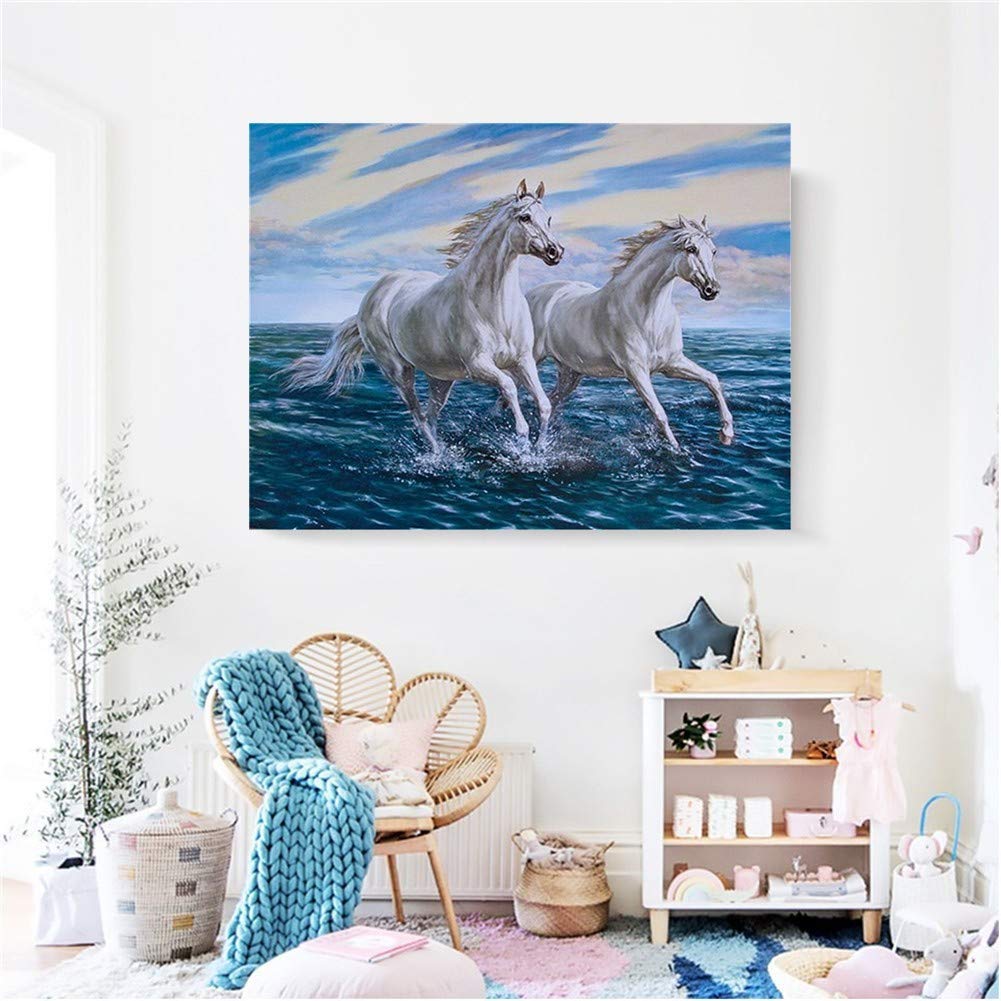 DIY 5D Diamante Pintura Bordado Kits Completo Caballo de playa Diamond Painting Adultos/Niños Rhinestone Punto de Cruz Diamante Arte Artesanía Casa Decoración de La Pared Round Drill,70x90cm/28x36inch