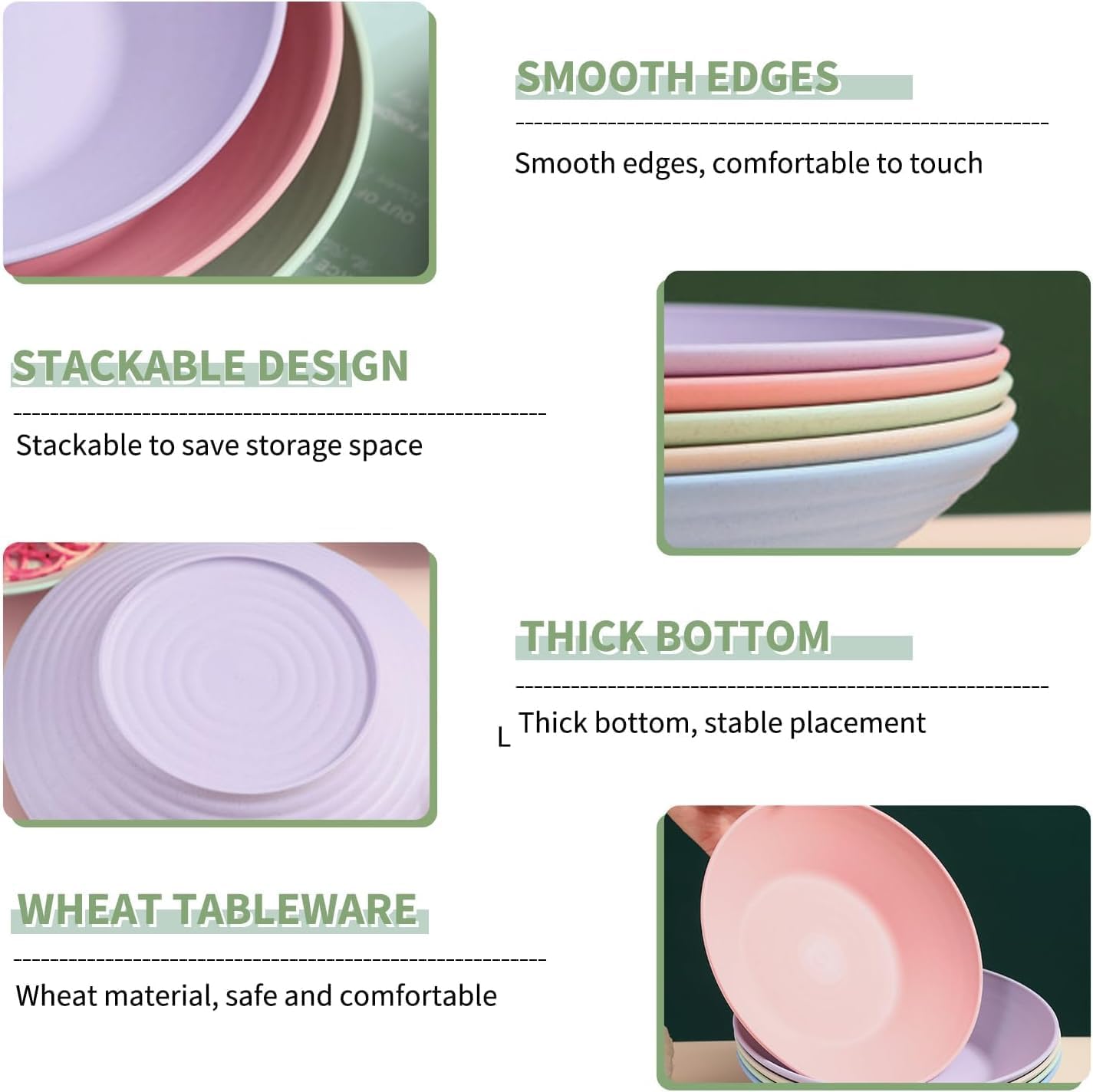 BGVM Wheat Straw Wide Rimmed Soup Bowl Set - 23cm Large Pasta Plates for Spaghetti, Dipping Bread, and Fancy Dinners - Durable & Stylish Dinnerware for Everyday & Restaurant Use (3, Purple) 3