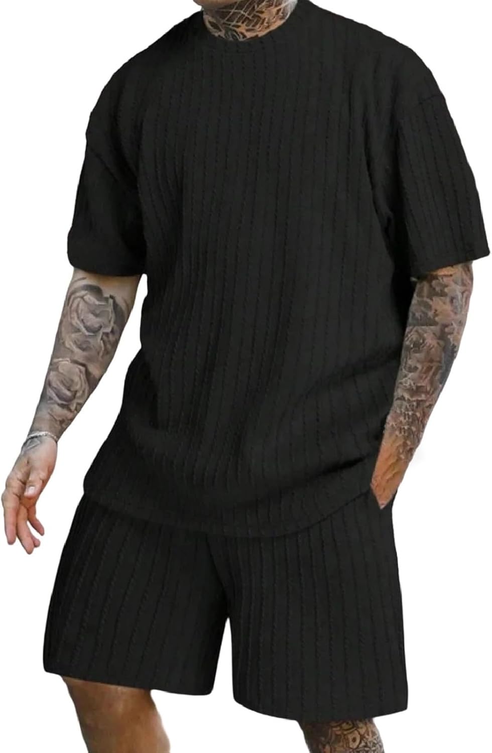 Men's Solid Color Crew Neck T-Shirt And Casual Shorts Set Loose Fit Lightweight 2-Piece Outfit For Home Beach