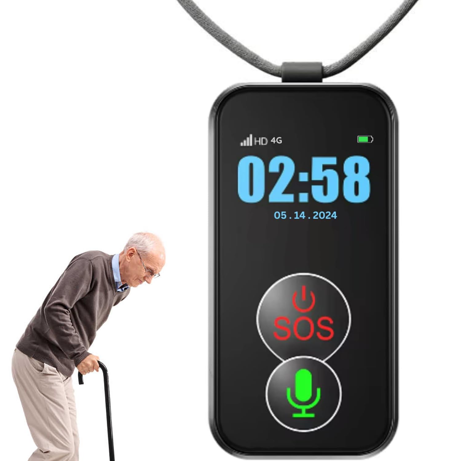 Dispositif D'alerte d'urgence pour Personnes Âgées, Collier Portable avec Bouton SOS, Détection des Chutes Anormales, Appels Vocaux 4G Intelligents, Positionnement GPS, Étanche IPX6