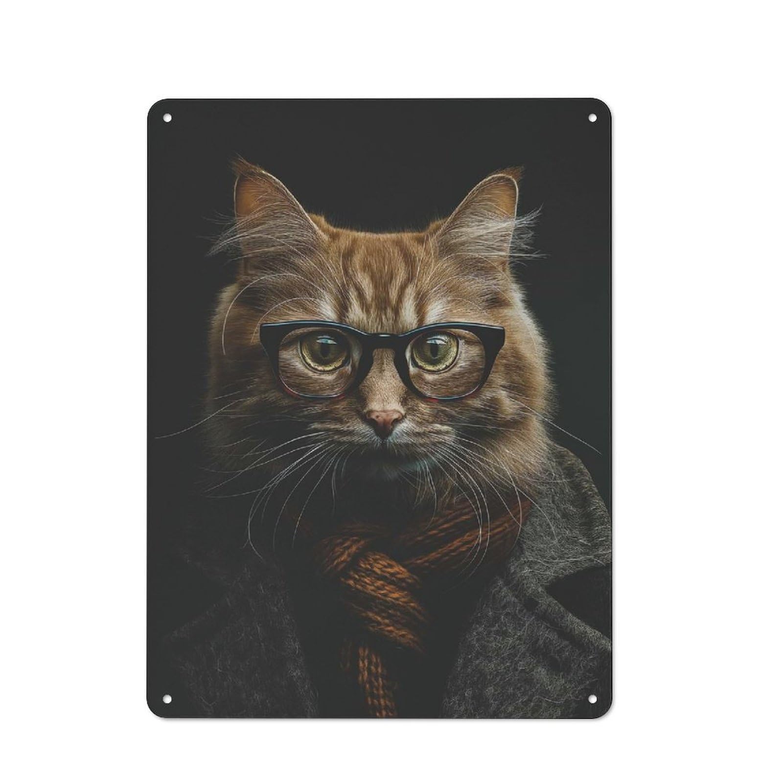Junmoney Cat Portrait With Glasses Vintage Metal Sign With Design 40X30cm, Vintage Restaurant Wall Art For Coffee Bar, Small Shop Or Dining Room