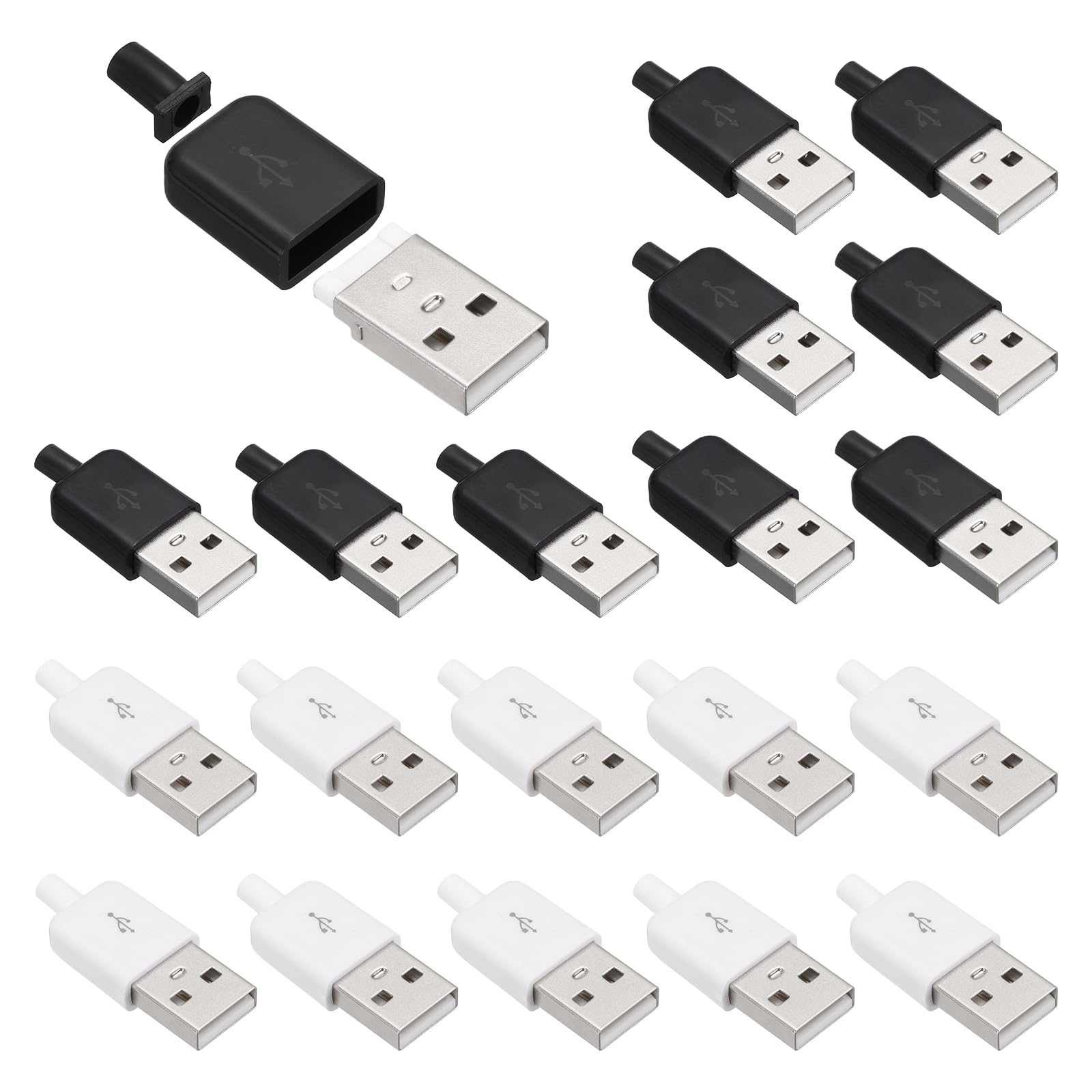 sourcing map 20Pcs USB 2.0 Type A Male Plug Connector, 4 Pin Solder Terminal with 3mm Cable Hole for DIY Cable Repair Kit, Power Supply, Microcontroller Projects, White/Black, 36.5x14.8mm