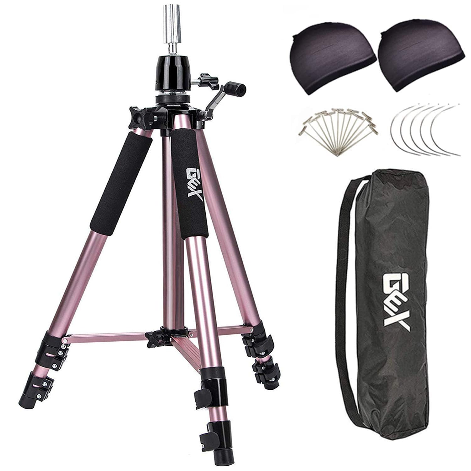 GEXWORLDWIDE GEX 63" Heavy Duty Mannequin Tripod Stand Wig Stand for Wig Mannequin Head Training Doll Manikin Head for Cosmetology Hairdressing with Travel Bag (Rose Gold)