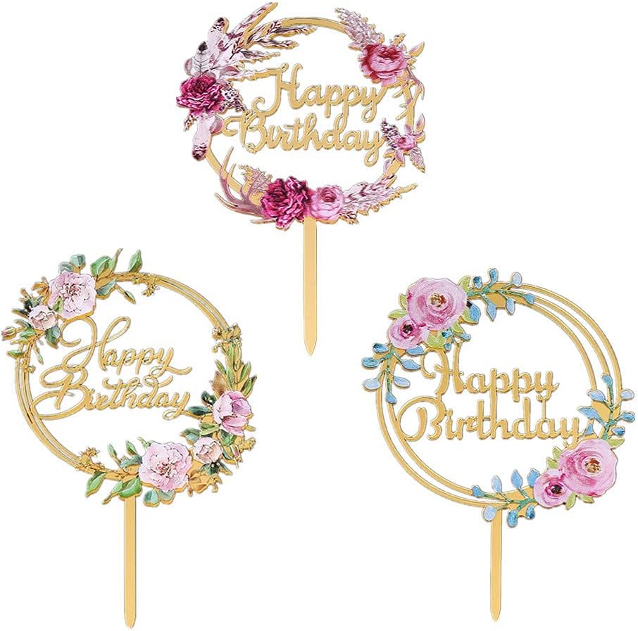 KASTWAVE 3 Pcs Flowers Cake Toppers Acrylic Happy Birthday Cake Toppers Various Birthday Party Wedding Cake Decoration