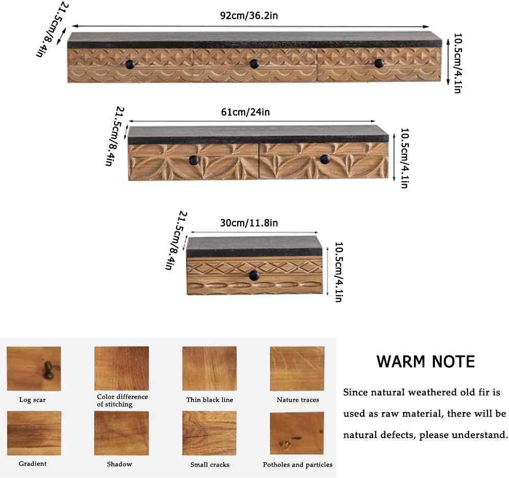 Shabby Chic Carved Wall Mount Rack Wall Shelf with 1 Drawer,11.8" Vintage Floating Shelf for Living Room, Bedroom,Bathroom (S)