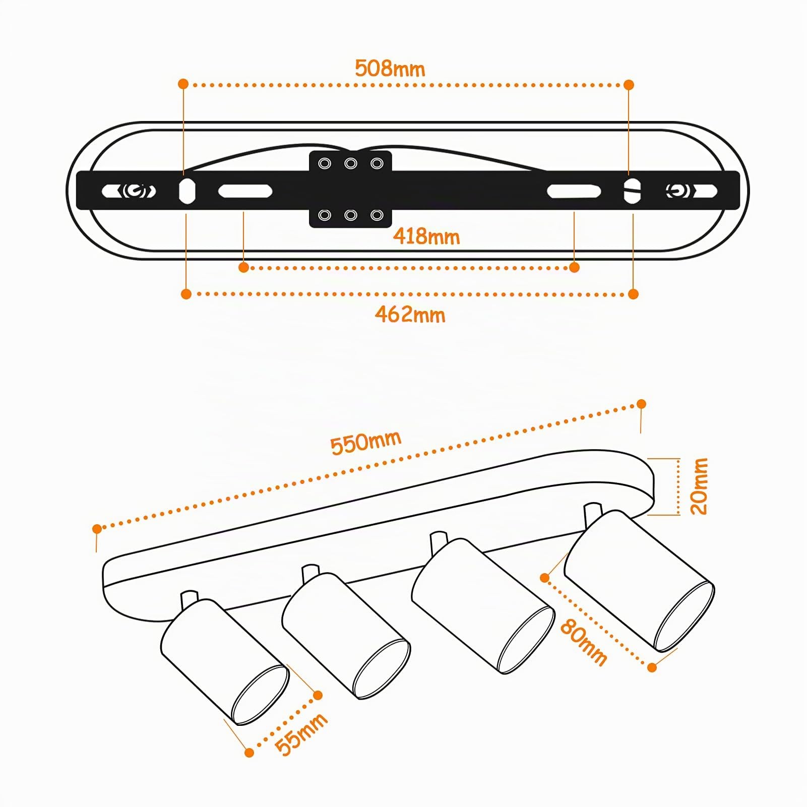 KYOTECH Faretti da soffitto orientabili a 4 luci Plafoniera LED Attacco GU10,Per 4 lampadine GU10 non incluse, Lampadario moderno per Camera Faretti Orientabili Parete Lampadine Nero Opaco