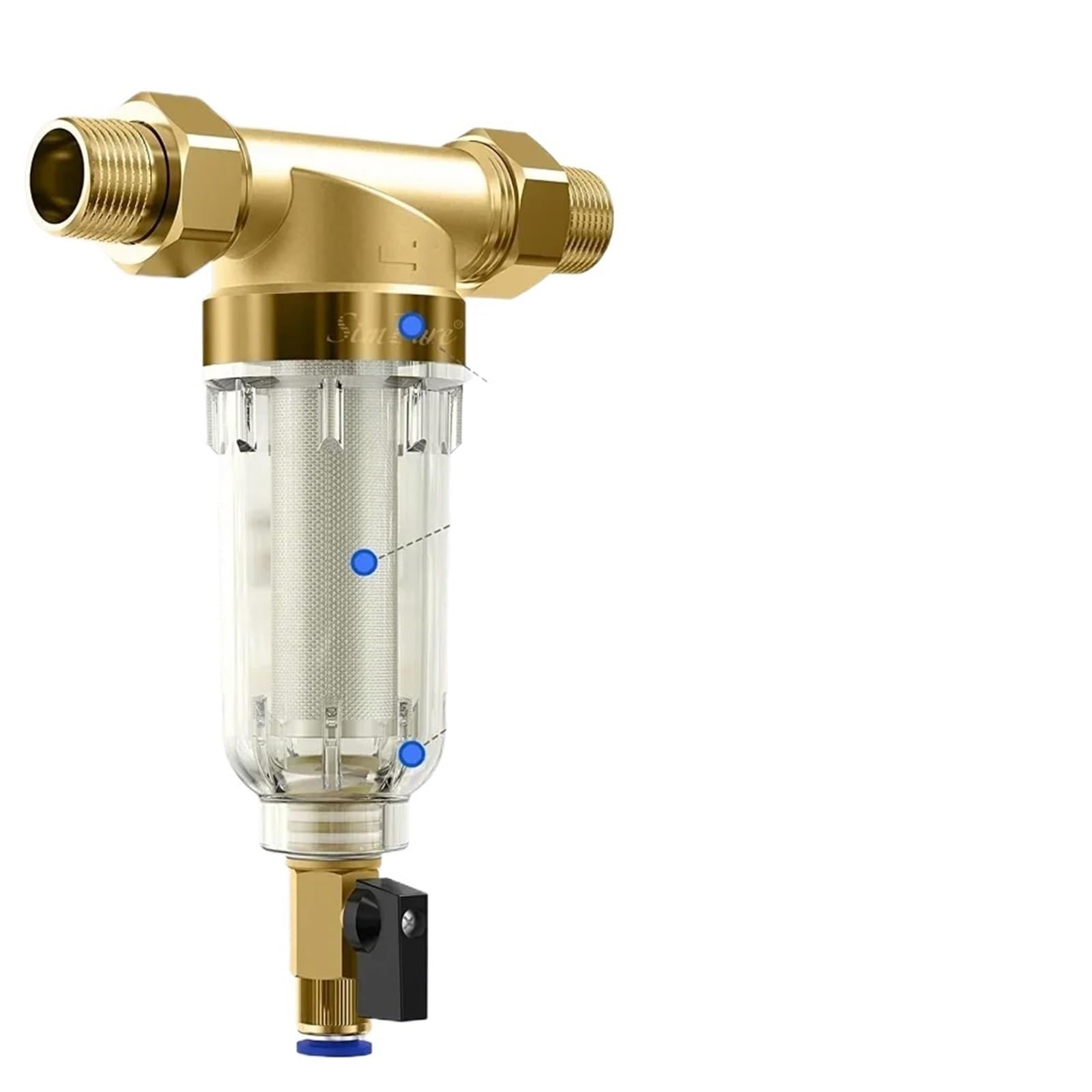 Edelstahl-Messing-Vorfilter für das ganze Haus, zentraler Wasserreiniger, 40 μm, 3T großer Durchfluss, Rohrrückspülung (DN25 bis 20)