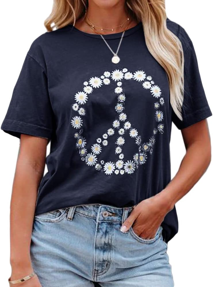 JeimPoeyWomen Peace Sign T-Shirt Flower Print Graphic Tees Daisy Pattern Floral Loose Novelty Shirts Short Sleeve