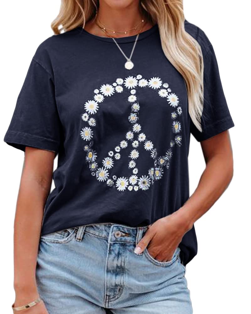 JeimPoeyWomen Peace Sign T-Shirt Flower Print Graphic Tees Daisy Pattern Floral Loose Novelty Shirts Short Sleeve