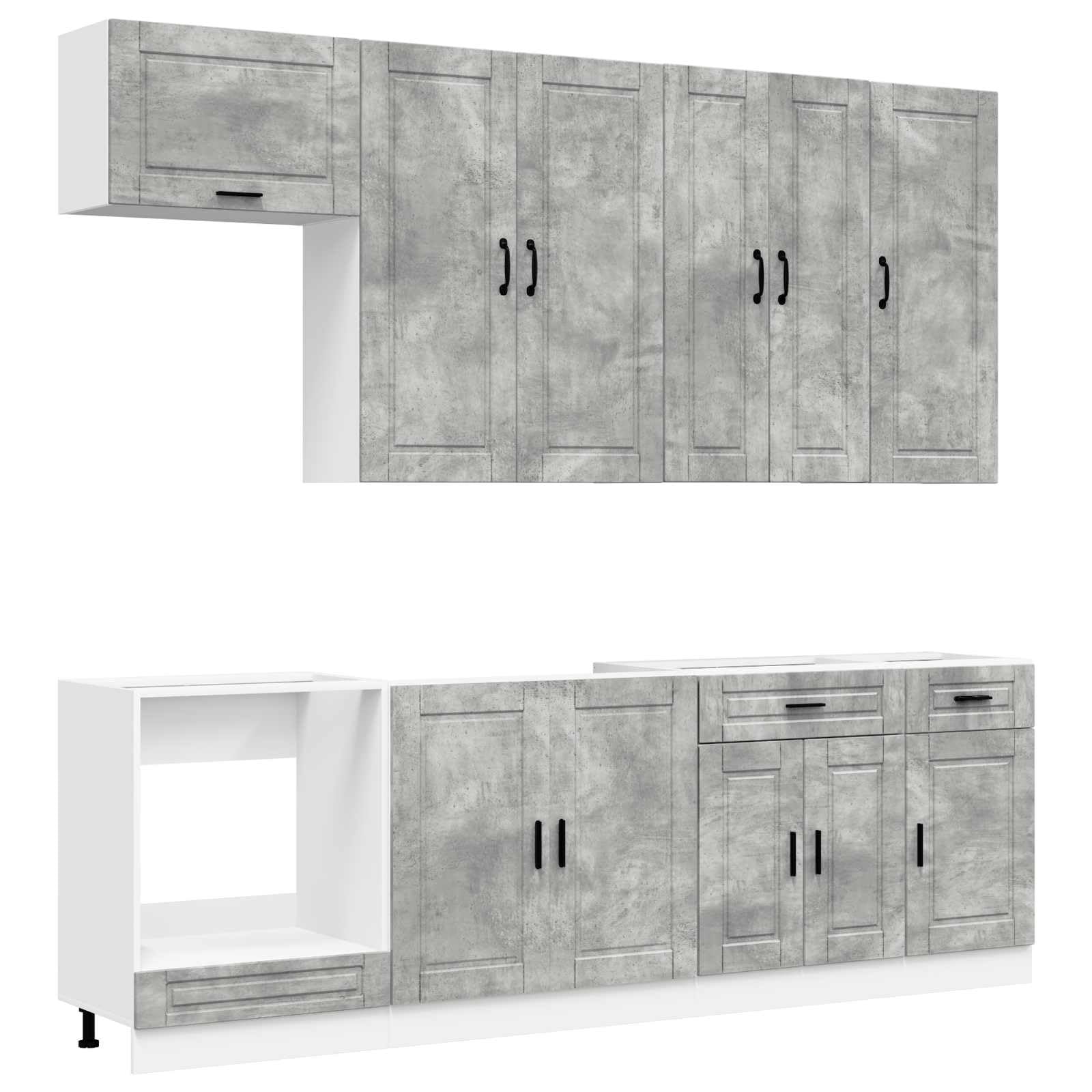 Gecheer Küchenzeile Komplettset, 8-teilig mit Schubladen und Türen in Betongrau Holzwerkstoff Optik, Moderne Landhausküche für kleine Wohnungen oder Einbauküche