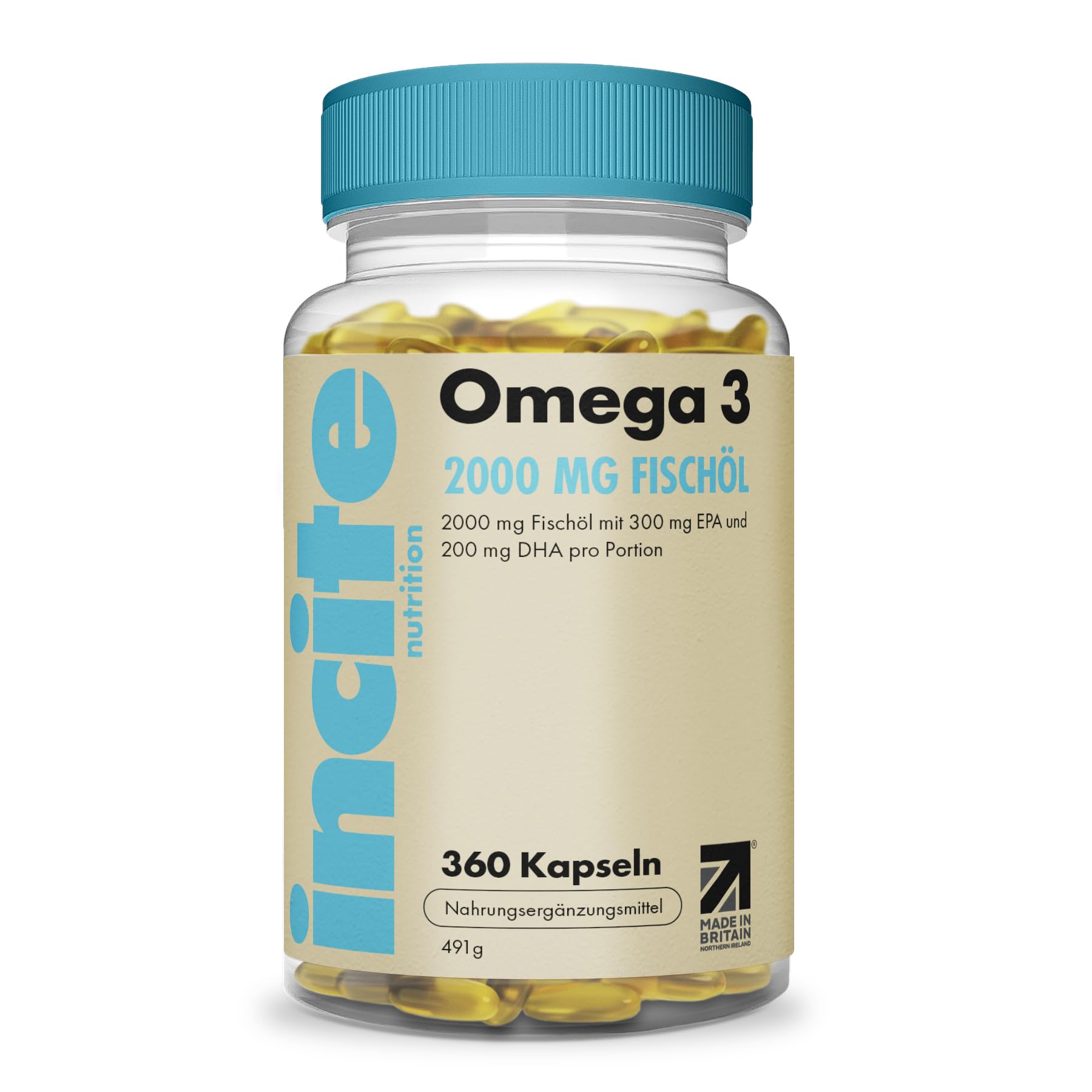 Incite Nutrition Omega 3 Fischöl-Kapsel 2000 mg. 360 Softgel-Kapseln. 6-monatiger Vorrat von Omega 3 Kapseln hochdosiert mit EPA & DHA. Ohne GMO, in der UK hergestellt, kein fischiger Nachgeschmack