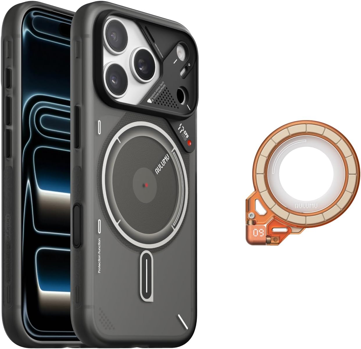 Aulumu A17 iPhone 17 Pro Magnetic Thermal Case+G09 Ghost Infinite 360° Magnetic Ring Grip,Includes (A17) Translucent Gray + (G09) Vibrant Orange