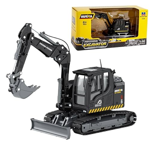 Gemini & Genius Tracked Black Excavator Toys, 1/50 Scale Diecast Digger Construction Toy, Vehicle Model with 360° Cabin Swivels, Great Gift, Playing Sand, Room Decoration and Collection for Kids