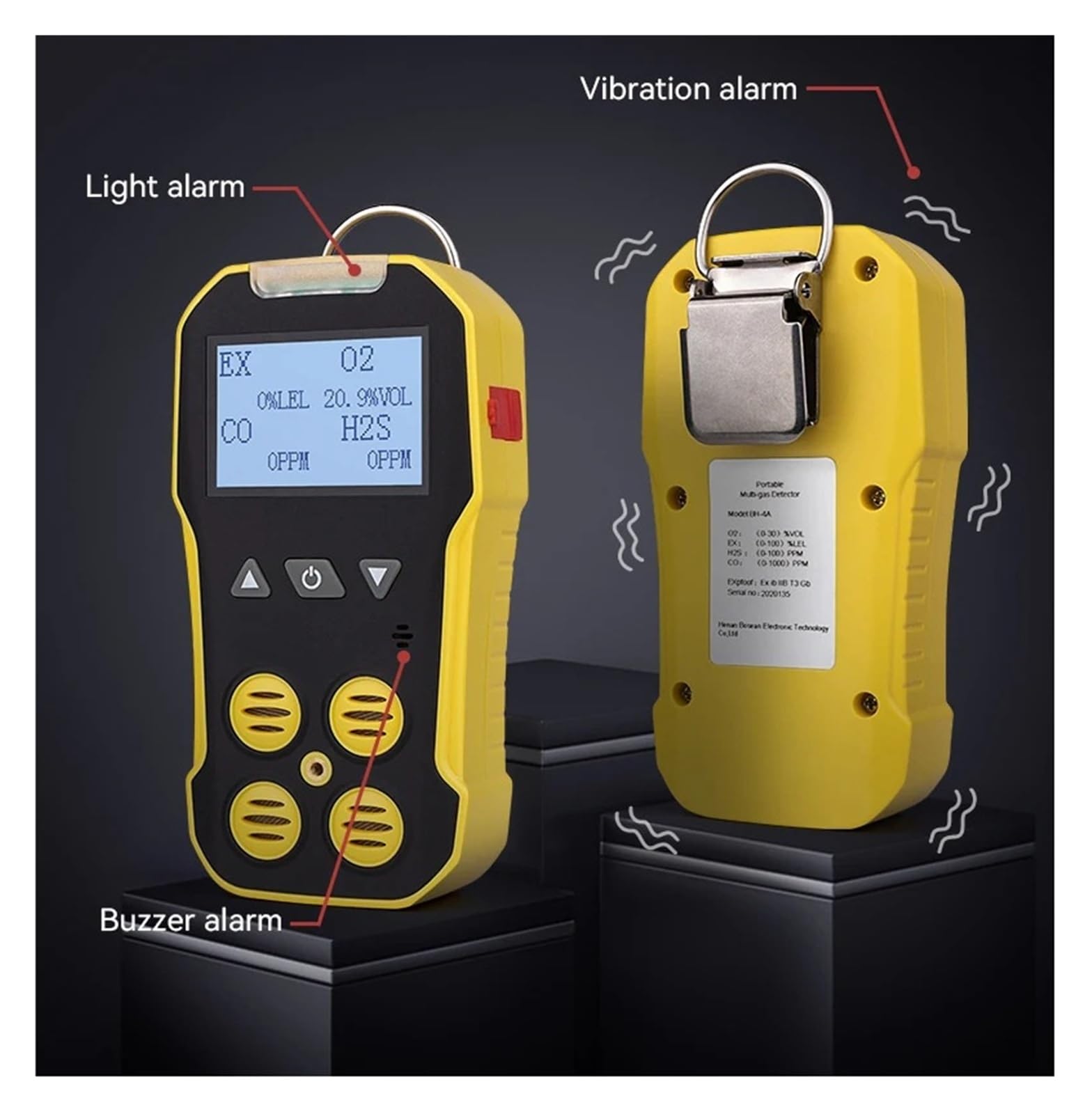 Wielogazowy detektor BH-4A, przenośny detektor gazu O2 H2S CO LEL z alarmami wibracyjnymi, wizualnymi i dźwiękowymi do pracy i domu Wewnątrz/na zewnątrz