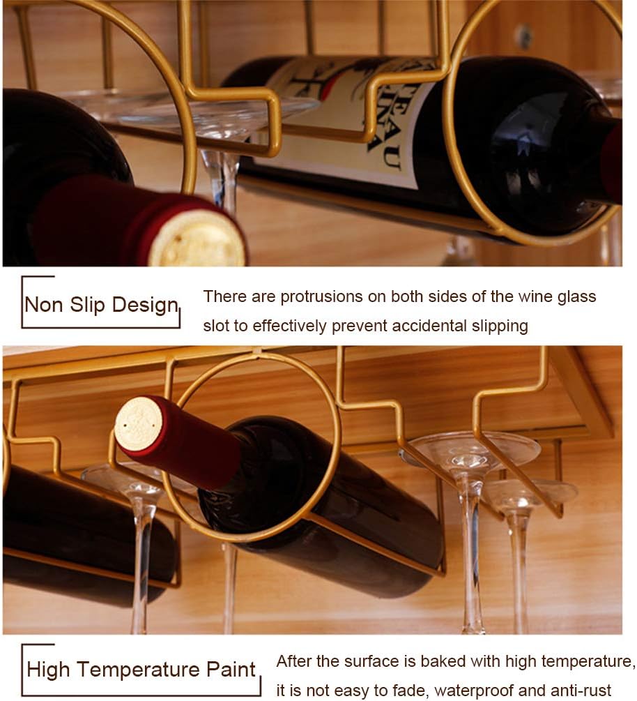 Hanging Wine Glass Rack and Bottle Holder, Under Cabinet Stemware Rack Glass Holder, Retro Wine Glass Drying Rack for Bar Kitchen Pub(Black,Gold)