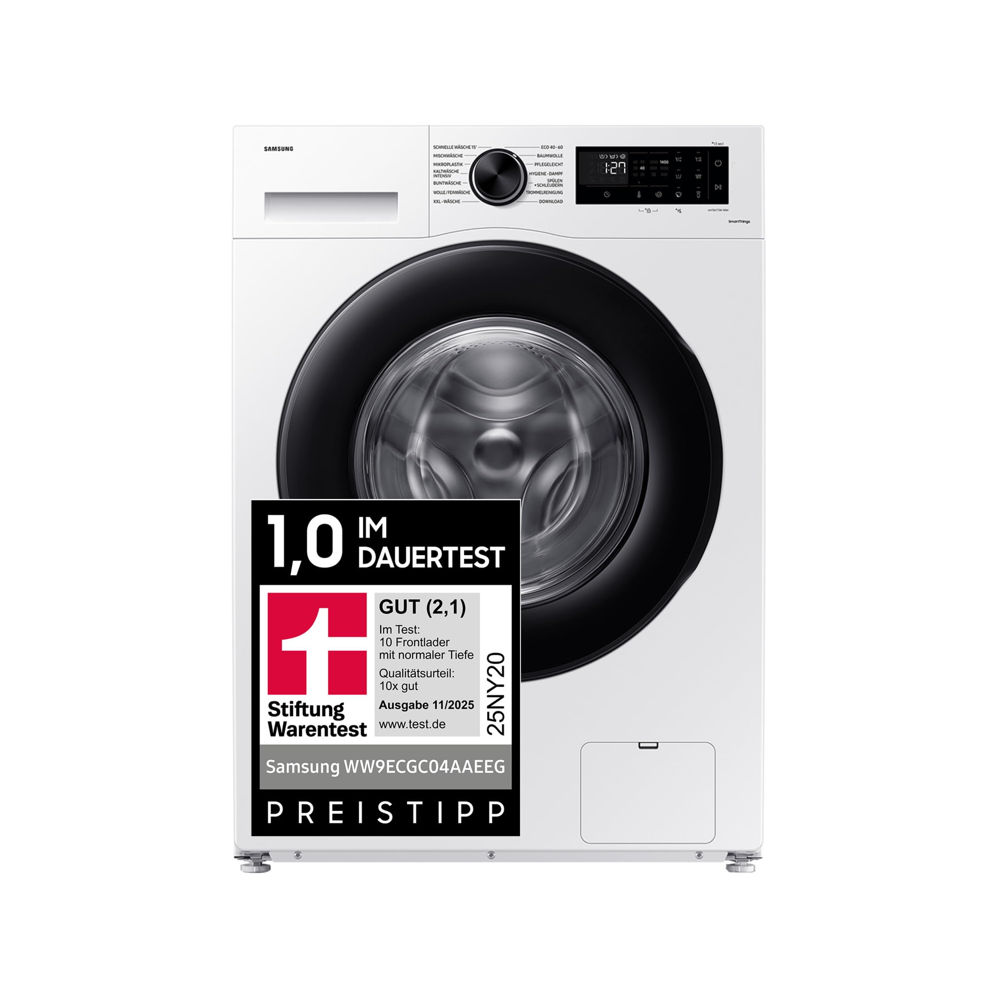 Samsung Waschmaschine, 9 kg, 1.400 U/min, EEK: A, Mikroplastik-Programm, Ecobubble, 14 Programme, WiFi SmartControl, Weiß/Schwarz, WW9ECGC04AAEEG