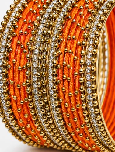 Image of NMII Non-Precious Metal with Base Metal and Zircon Gemstone Studded Ball Chain Linked Glossy Finished Silk thread Bangle set for Women and Girls