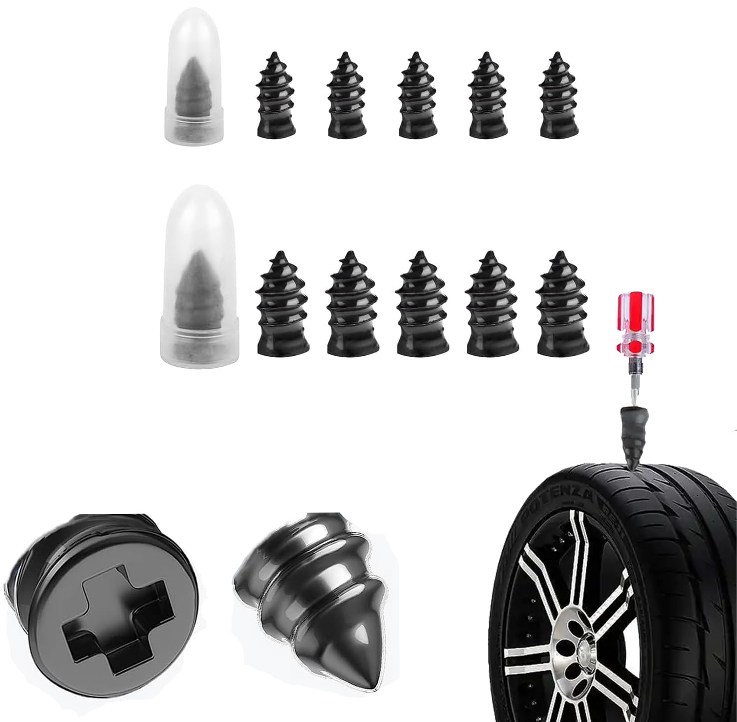 EBIZ HIVE 10 Pieces Tire Repair, Rubber Nail Tire Plug, Car Tire Repair Nails, Rubber Screws for Tires Fast Tire Repair Tool for Car Motorcycle ATV Tire Puncture Repair(5 S + 5 L)
