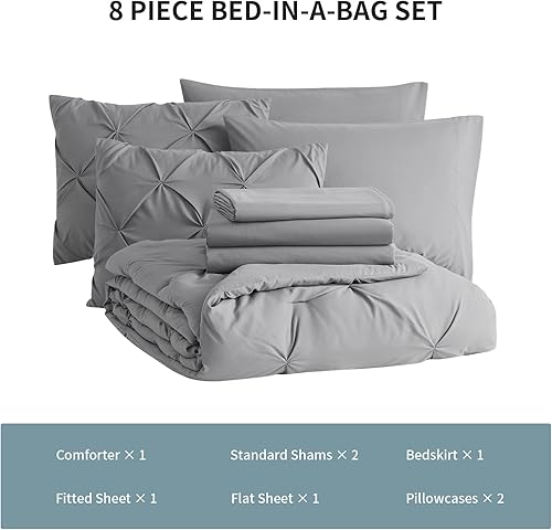 Miniatura 3 de BOURINA Juego de edredón de 8 piezas  Juego de edredón de lujo de microfibra de gran tamaño acolchado, plisado, suave, cálido, gris, Queen (88 x 88