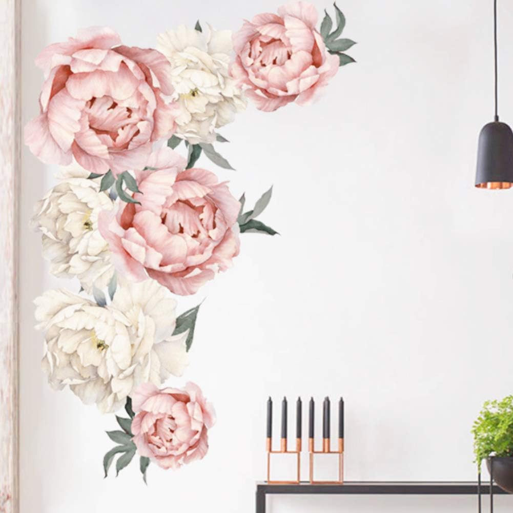 Horoper Peony Floral Wall Stickers, Family Wall Flower Decals Stickers Peony Flowers Wall Posters Floral Wall Stickers, Peony Rose Floral Art Wall Decals for Living Room Bedroom