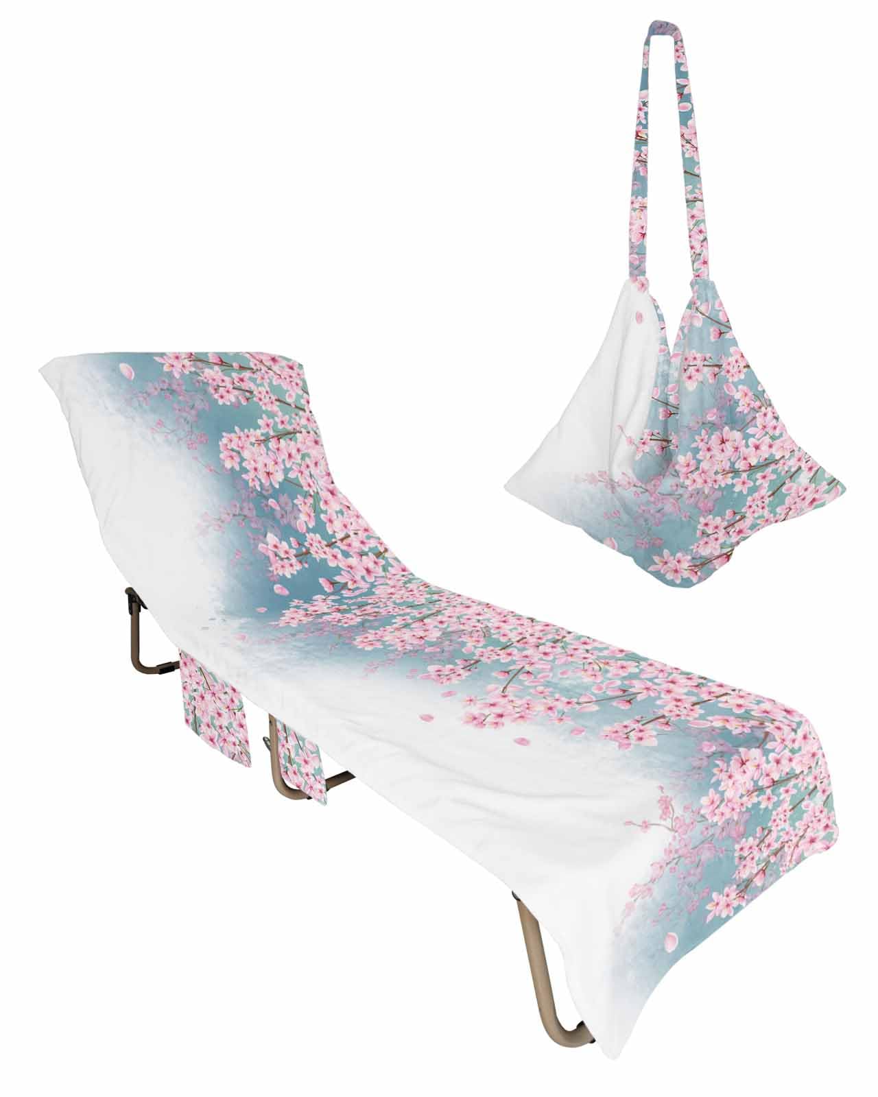 Peach Blossom Beach Chair Towel Covers for Chaise Lounge with Side Pocket, Soft Plush Pool Towels Cover for Patio Sunbathing Outdoor 29''x85'' Gradient Watercolor Spring Pink Flower
