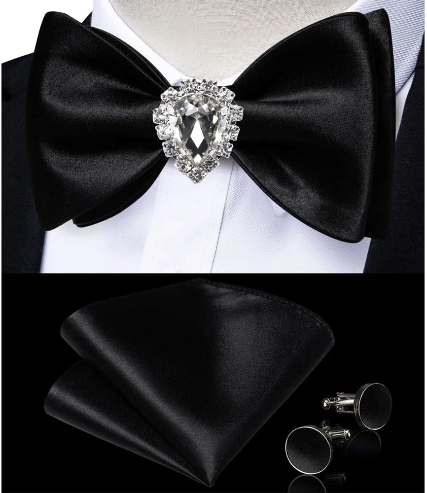 Self-tie Bowtie Pocket Square Cufflinks Set Classic Solid Silk Bow Tie Knot for Wedding