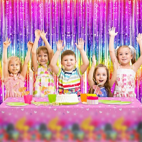 Image of Neon Rainbow Streamers Thicken 4 Pack 13.2x8.2 FT, Tinsel Backdrop Curtains for Birthday Decrorations, Foil Fringe Photo Backdrop for 80s 90s Disco Party Decorations