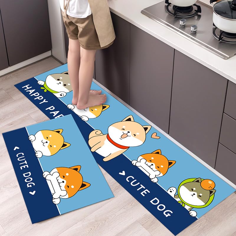Küchenteppich 50X80Cm+50X160Cm Blauer Corgi Fussmatte Aussen Küchenläufeh Outdoor Balkon Teppich Waschbar rutschfest Läufer Läufer Flur Küche